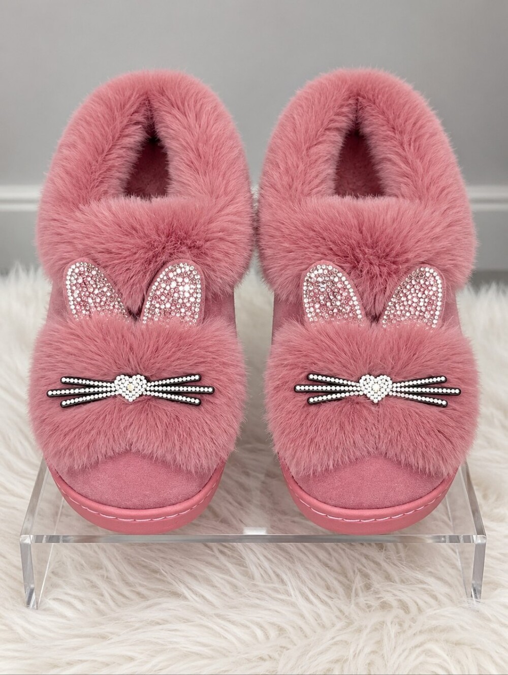 Rhinestone Plush Cat Slippers / Soft Sole Slip-on Slipper Shoes